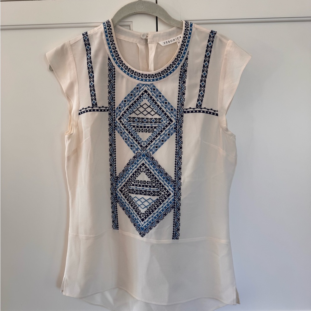 Veronica Beard Cream Blouse with Blue Embroidery